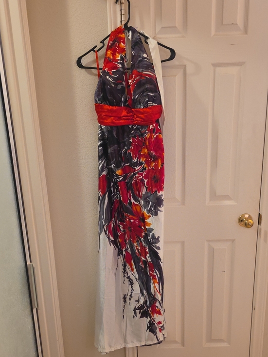 angel fashions Dresses & Skirts - Halter Maxi Dress with Red Floral Print and Waistband